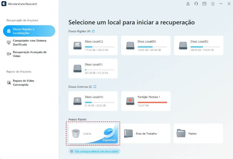 Recuperação de vídeos excluídos - interface do Recoverit